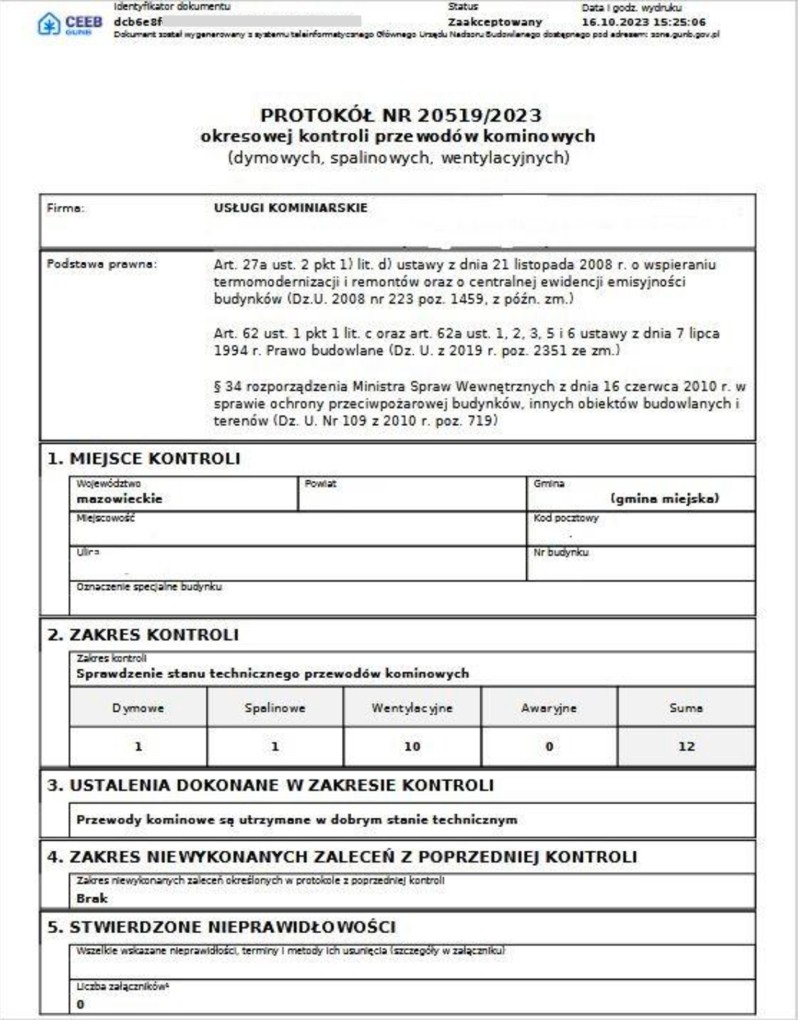 Wzór protokołu okresowej kontroli przewodów kominowych (dymowych, spalinowych, wentylacyjnych) z systemu CEEB / GUNB